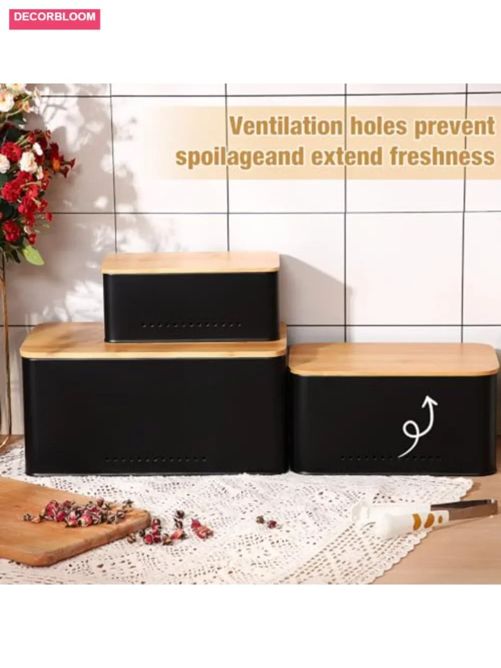 3 Pc Metal Storage Bins with Bamboo Lids Nesting Farmhouse Organizer Countertop